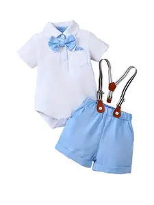 Baby Boy Formal Set, Includes Bow Tie, Solid Color Short Sleeve Romper & Shorts, Ideal Gentleman Wear for Walking Kids, Baby Clothing