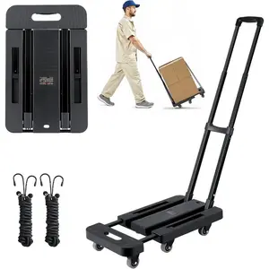 VEVOR Folding Hand Truck, 110 lbs Load Capacity, Collapsible Luggage Cart with 2 Wheels 1 Elastic Rope, Utility Dolly Platform Cart for Airport Travel Furniture Luggage Office Moving, BlackVEVOR Super Brand Day