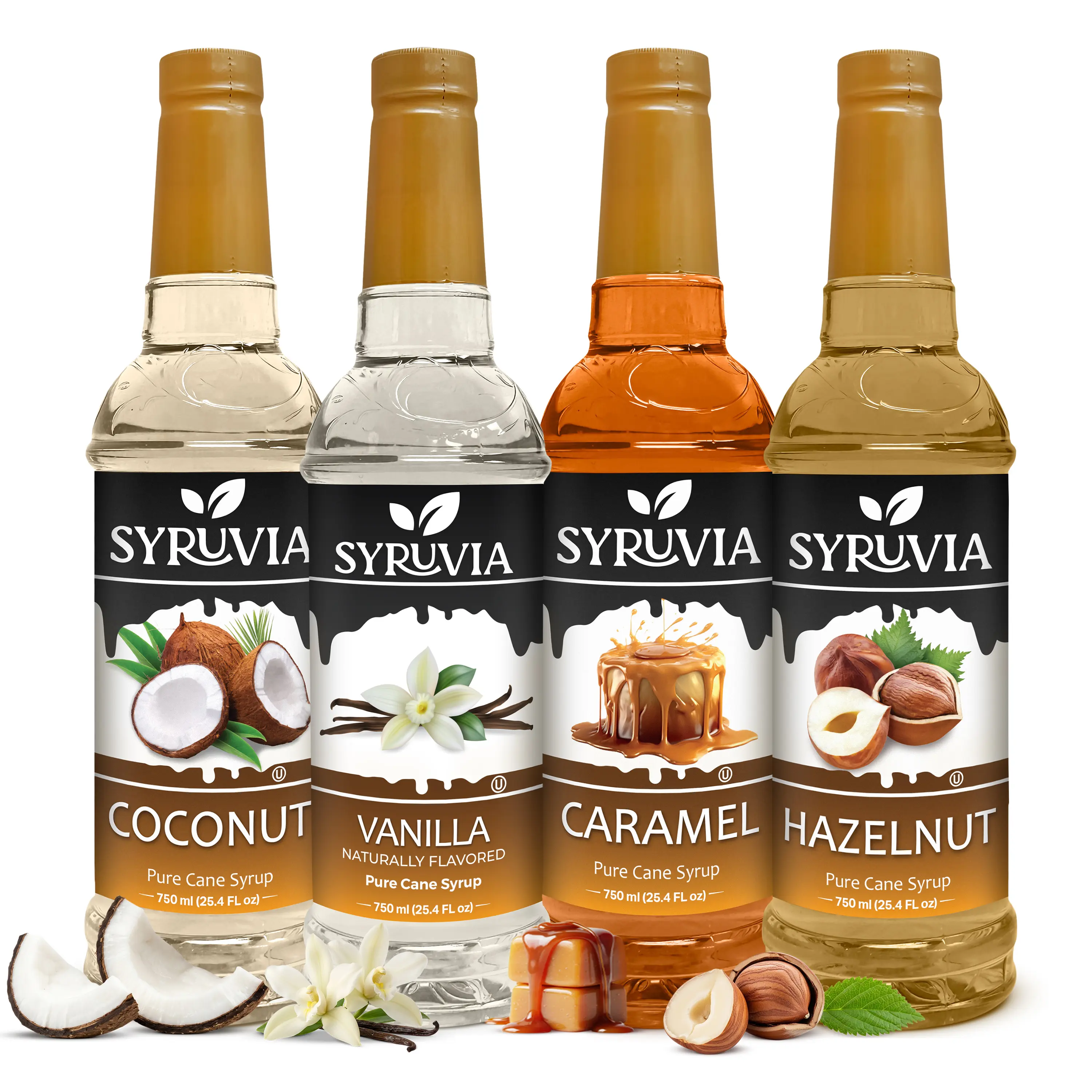Syruvia Cafe Style Syrup Variety Pack – Coconut, Vanilla, Caramel & Hazelnut Flavored Syrup – Perfect for Coffee, Lattes, Iced Coffee & Desserts – 25.4 Fl oz Bottles (4 Pack)