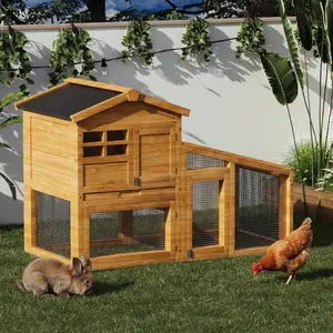 53" L Large Rabbit Hutch Outdoor Indoor, Expandable 2-Story Wooden Bunny Cage with Non-Slip Ramp, Large Playpen, Hinged Roof & Pull-Out Tray, for Rabbits, Chickens, Ducks