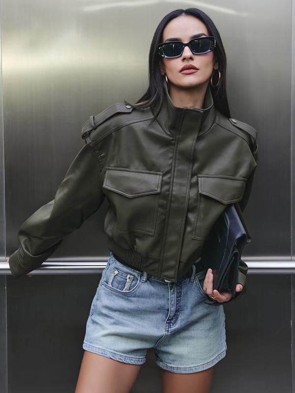 Women's Cropped Bomber Jacket Demi-Season Faux Leather Jacket Long Sleeve Green Black Jacket Women's Moto Biker Zipper Jacket Street Short Coat Aviator Jackets Women's Cropped Bomber Jacket Demi-Season Faux Leather Jacket Long Sleeve Green Black Jacket Women's Moto Biker Zipper Jacket Street Short Coat Aviator Jackets