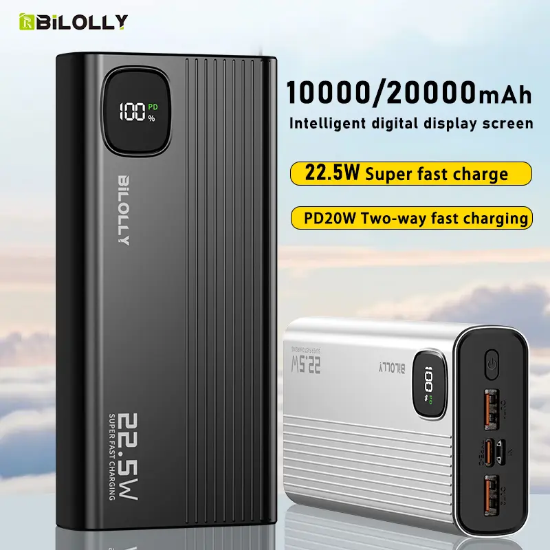 BiLOLLY Mobile Accessories Power Bank - 10000mAh/20000mAh (10001-20000mAh Range), 22.5W Max Fast Charging, 20W PD USB Type-C Input/Output, Smart Digital Display, Compatible with iPhone, Samsung Galaxy, Android Phones & Tablets, 20000mAh Black Option