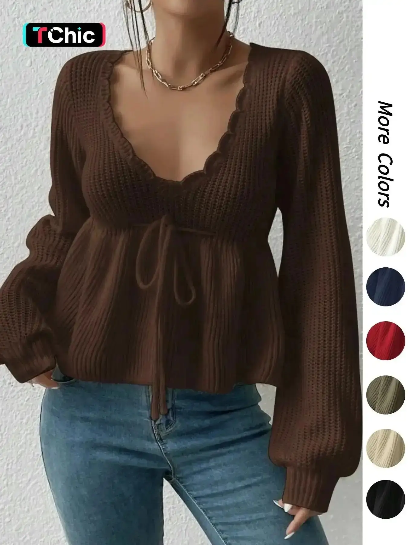 Women's Plain Adjustable Drawstring Tie Front Scallop Trim Crop Knit Sweater Top, Casual Feminine Bishop Sleeve, Long Sleeves, Deep V Neck Lightweight Fashion Knitwear for Fall & Winter, Ladies' Knit Clothing for Daily Wear, Fit, Womenswear