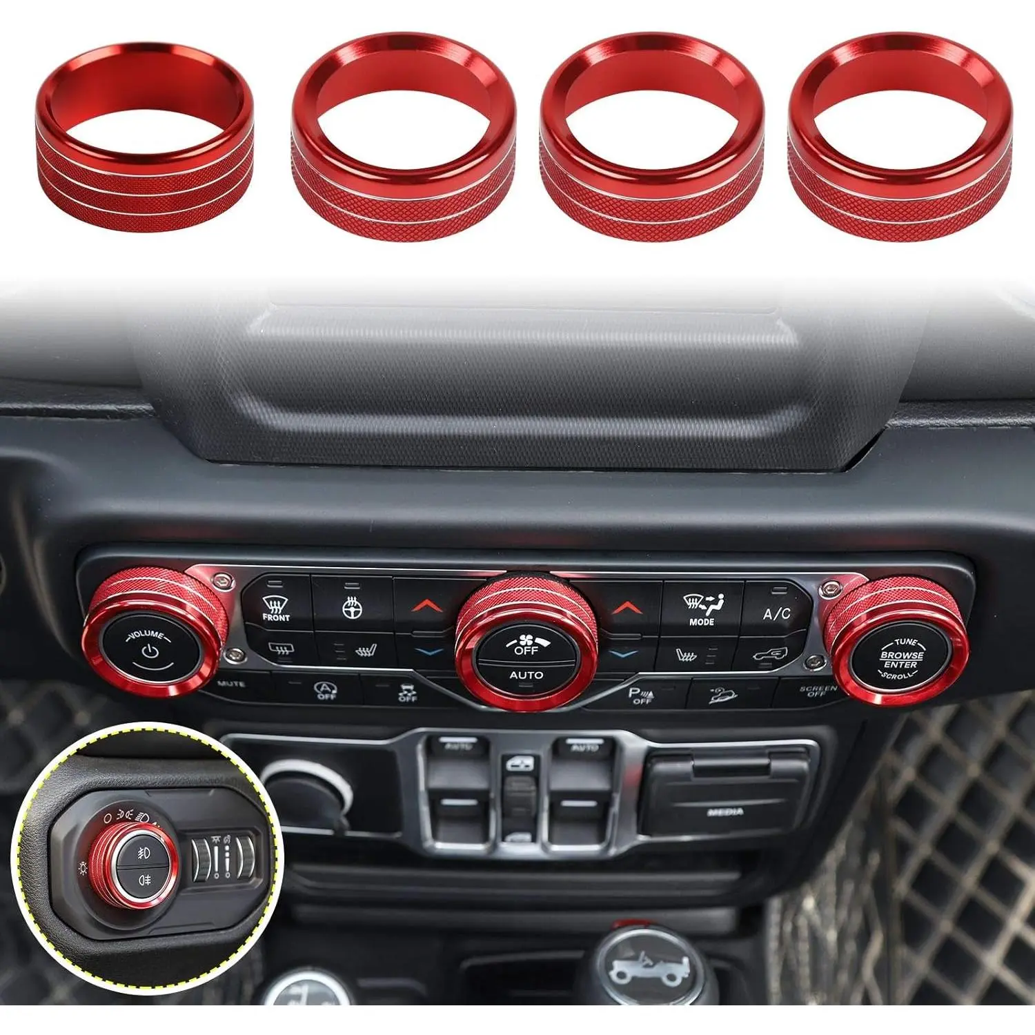 4pcs Red Metal Aluminum Alloy Knob Cover Trim Set, Car Interior Accessories - Headlight Cover, Switch Decor for 2018-2025+ Jeep Wrangler JL JLU Gladiator JT 4XE (Air Conditioner, Center Console Switch Trim)