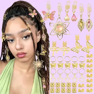 Women's Pink Crystal Butterfly Hair Accessories - 40PCS/36PCS Gold Hair Cuffs, Flower Loc Charms, Pearl Clips for Braids