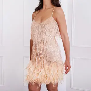 Women's Sequin Fringe Feather Trim Spaghetti Strap Cocktail Dress