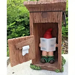 Christmas Rustic-Style Resin Garden Gnome Reading Newspaper, 3D Fantasy Open-Door Toilet Statue - Fun Home and Outdoor Holiday Decoration Gift