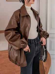 Drop Shoulder Slant Pockets PU Jacket *LooKo