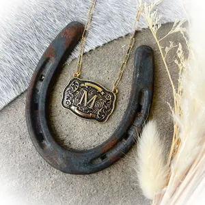 Western Buckle Initial Necklace - Antique Gold