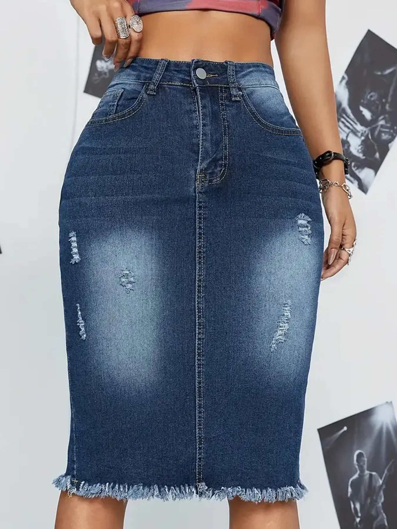 Women's Denim Skirt, Dark Wash Deep Blue Casual Versatile Ripped Frayed Hem Bodycon Midi Skirt, Suitable for Spring Summer Autumn, Casual Fashion Skirt