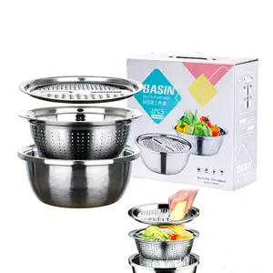 Multifunctional Thick Stainless Steel Grater Bowl Set, 3-Piece Color Box, Space-Saving, Non-Magnetic, Versatile Cooking Utensil, Kitchen Strainer Utensils