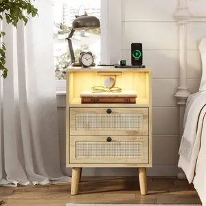 Sikaic Rattan LED Nightstand with Charging Station Boho Bedside Table with 2 Drawers Natural