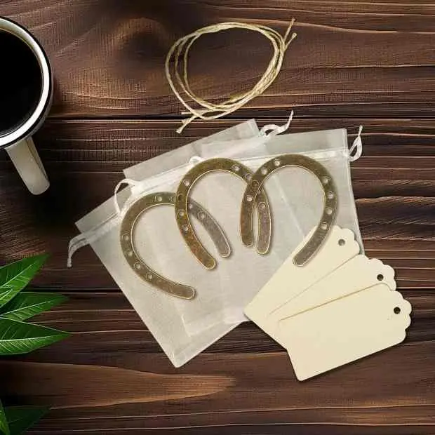 3PCS Good Luck horseshoe-shaped gifts, retro metal horseshoe-shaped with kraft paper labels, country horse shoes gifts, retro wedding party decorations, Kentucky Derby party decorations, Valentine's Day decorations