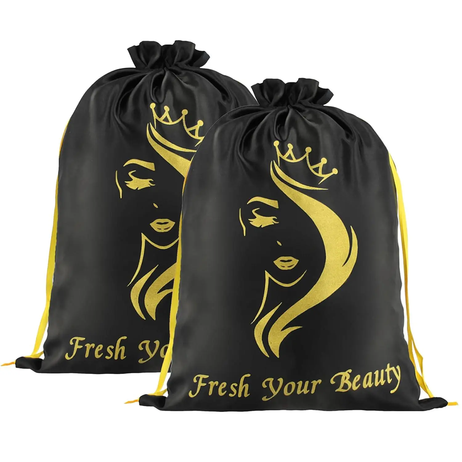 2 count Satin Wig Bags Storage for Multiple Wigs Soft Silky Pouches with Drawstring Hair Packaging Bags for Wigs, ,Hair Extensions,Tools, business  bags (Black)