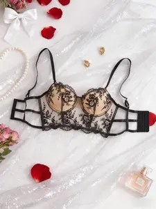 Clothes clearance 1pc Elegant Floral Lace Bralette for Women - Sexy Sheer Design, Knit Polyester Fabric, Opaque Lingerie with Delicate Flower Pattern - Red, Black, Green Options