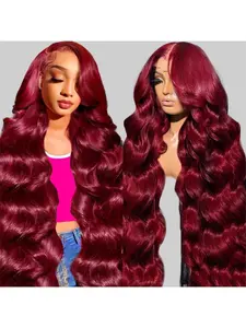 99J Burgundy Lace Front Wigs Human Hair 13x6 HD Transparent Body Wave Lace Front Wigs Pre Plucked 99j Burgundy Red Wine Glueless Human Hair Wigs for Women Reddish Brown 200% Density Deep Wave Wig