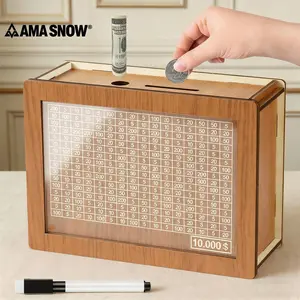 Brown Wooden Unisex Larger Size Savings Challenge Box - Cash Vault Ama Snow Money Bank with Counter, Dry Erase Pen, Decorative Transparent Cash Coin Piggy Bank for Adults, Educational Maths Toy Gift