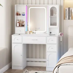 Vabches 41.3in(L) Makeup Vanity Desk with Lights,Makeup Vanity with RGB Lights and Power Strip,Vanity Table with 5 Drawers Lots Storage & Time Display,3 Lighting Modes Vanity Mirror with Lights