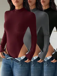 Women's Three-Piece Fall Winter Fashion Set, Low High Round Neck Long Sleeve, Solid Color, Inner Wear & Outerwear, One-Piece Suit, Bodysuit