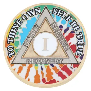 AA Alcoholics Anonymous Premium Rainbow Tie-Dye Recovery Medallion, Silver & Gold Color Plated, Epoxy Coated Sobriety Coin Metal
