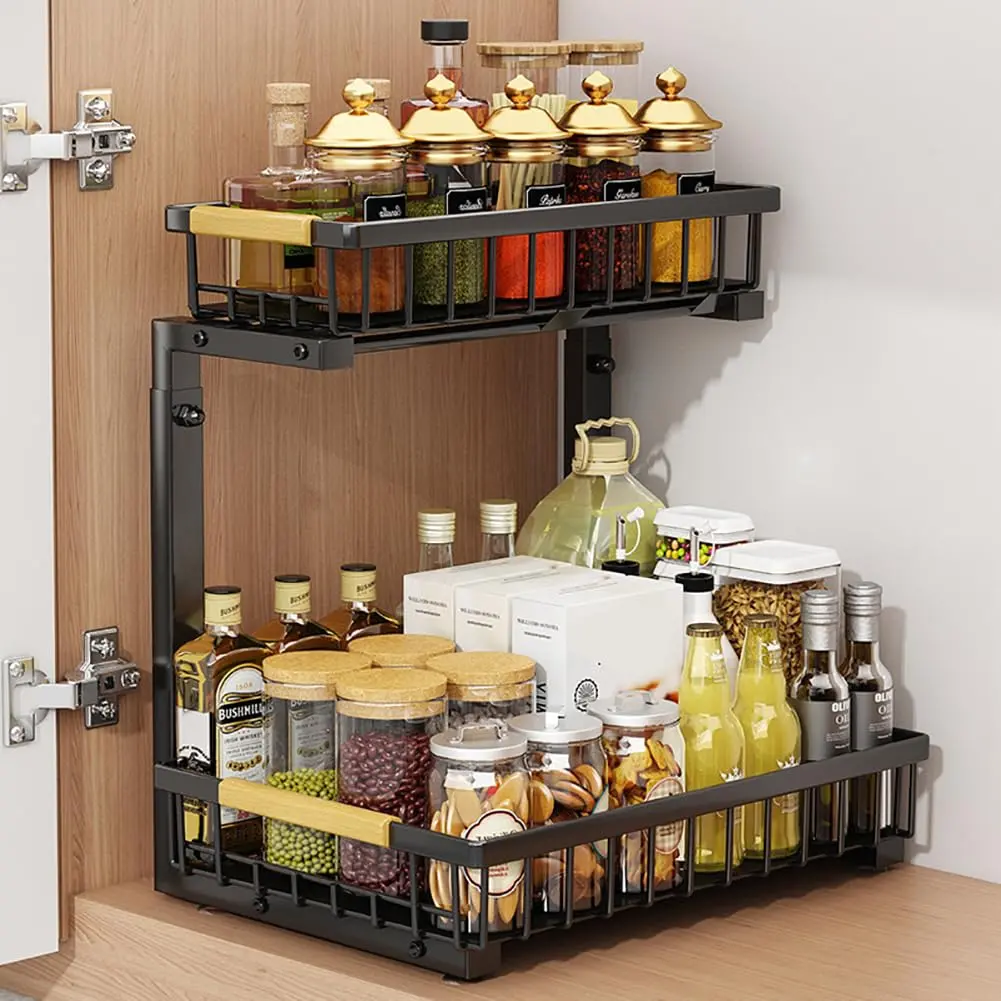 Garvee Adjustable 2-Tier Under basin Organizer Shelf – Carbon Steel Kitchen Storage Rack with 4 Non-Slip Suction Cups, Height 16.5-19.2 in, Perfect for Kitchen and Bathroom Cabinet Organization