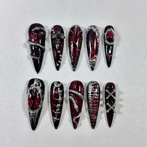 HelenNails – Gothic Vampire Press On Nails, Long Stiletto Black Red Nail Set With Cross And Chains, Handmade Punk Halloween 3D Metal Nail Art – HL945