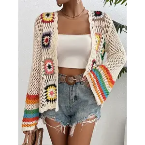 Bohemian style clothes Crochet Open Front Cardigan, Casual Long Sleeve Hollow Out Cardigan For Spring & Fall, Women's Clothing