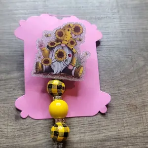 Sunflower Nome Badge Reel with Yellow Beads and Plaid Design for Stylish Identification