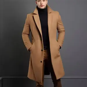 Woolen Coat Men's Mid-Length Solid Color Autumn and Winter Woolen Coat Warm Youth Overcoat Jacket Menswear Tops