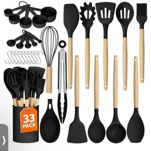 Kitchen Utensils Set - 33 PCS, Heat-Resistant Silicone Cooking Utensils Set with Wooden Handle, BPA-Free Kitchen Gadgets Spatula Sets with Holder for Nonstick Cookware (Black)