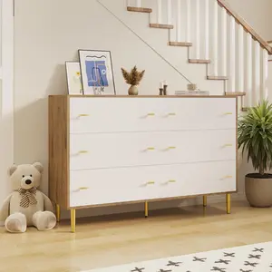 6 Drawers Dresser, 47.2" Wide White Dresser, Large Drawers, Bar Handles, Natural Texture, for Living Room, Hallway and Entryway