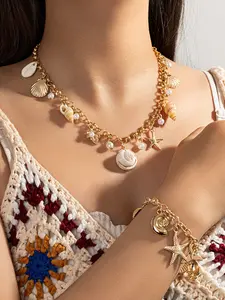 Ocean Wind Shell Conch Starfish Necklace Bracelet Set, Vacation Style Choker, Beach Jewelry, Summer Accessories, Women's Fashion, Matching Jewelry Set