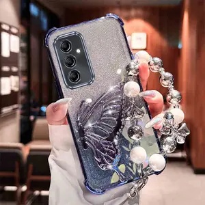 Durable Transparent Glitter Shiny White Luxury Jewelry Strap Lanyard Phone Holder Case For Compatible With Samsung Galaxy A15 A13 A14 A16 4G 5G Elegant Lotus Floral Stand Cover Accessories