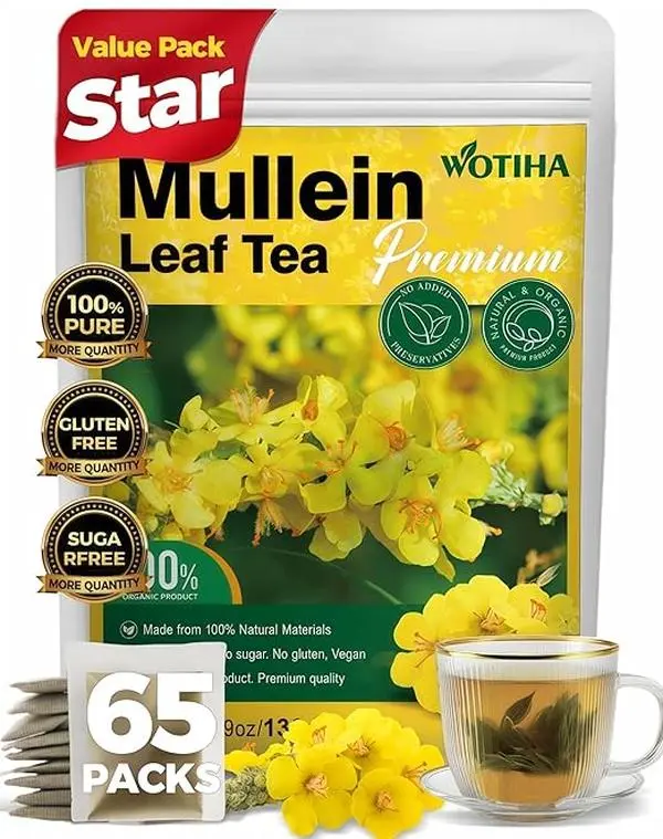 WOTIHA Premium Mullein Leaf Tea Bags (65) – 100% natural herbal tea for respiratory support, caffeine-free, non-GMO, no additives, value pack.