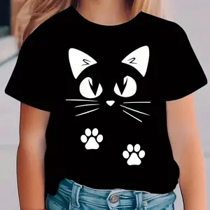 Cute Cat Graphic Cotton T-Shirt for Girls, Valentine's Day Gift for Kids, Fashion Oversized Comfort Summer Outfit