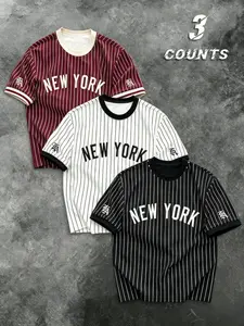Men's Striped Short Sleeve T-Shirt, American Vintage Baseball Style, Letter Print, Loose Fit, Breathable, Fashionable Streetwear