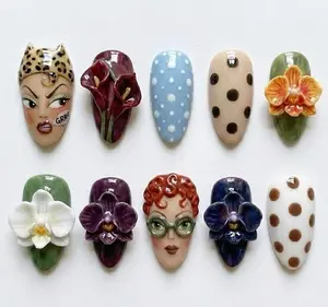 Handmade Retro Chic Floral 3D Press On Nails | Hand-Painted Portrait, Orchid & Polka Dot | Almond Nails For Vintage Artistic Vibe