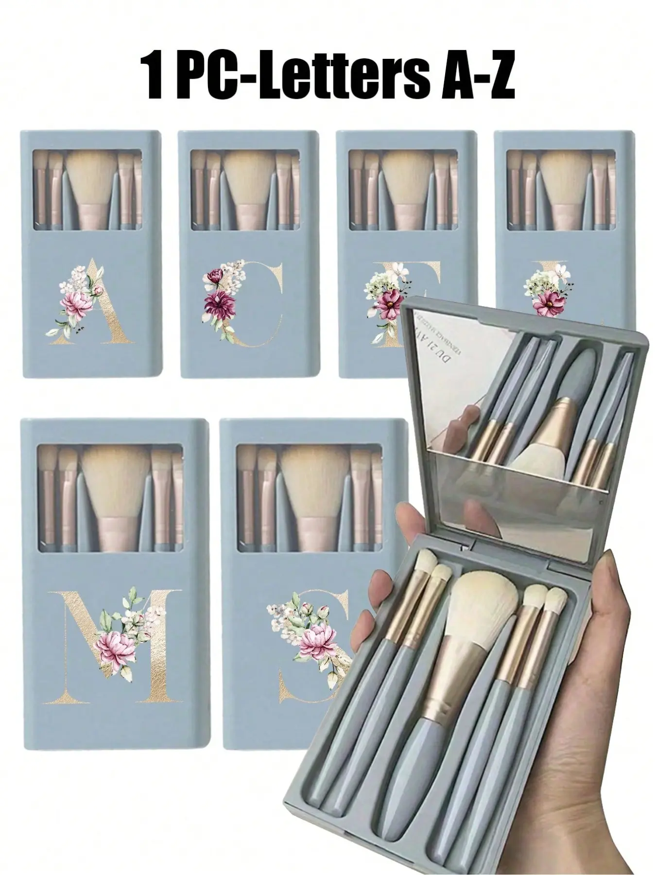 A set of five portable blue makeup brushes with a mirror, printed with golden floral letters A-Z, boxed makeup brush set, multifunctional makeup brushes with mirror case, small multifunctional makeup pencils, foundation brush, eyeshadow brush