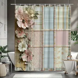 1pc Quilted Floral Shower Curtain with Pastel Plaid Squares & 3D Fabric Flowers  with 12 hook shower curtains, machine wash, easy to install home accessories, art home decor, bathroom home decor shower curtains, all season, Bathroom Decoration Accessories