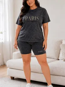 Women's Plus Size Black Acid Wash Look T Shirt and Biker Shorts Set, Paris Leopard Letter Graphic, Casual Street Outfit 1XL-5XL