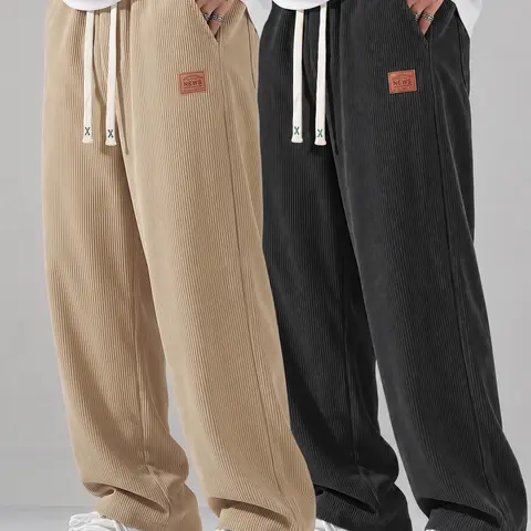 2 Pack Mens Corduroy Pants, Drawstring Elastic Waist Loose Fit Wide Leg Straight Trousers, Vintage Casual Streetwear Pants for Men Daily Outfit