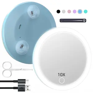 5X Travel Magnifying Mirror with Lights, Small Magnifying Mirror Rechargeable 5X Travel Magnified Mirror, 4'' Pocket Lighted Magnifying Mirror Dimmable 5X Makeup Magnification Mirror with Suction Cups White