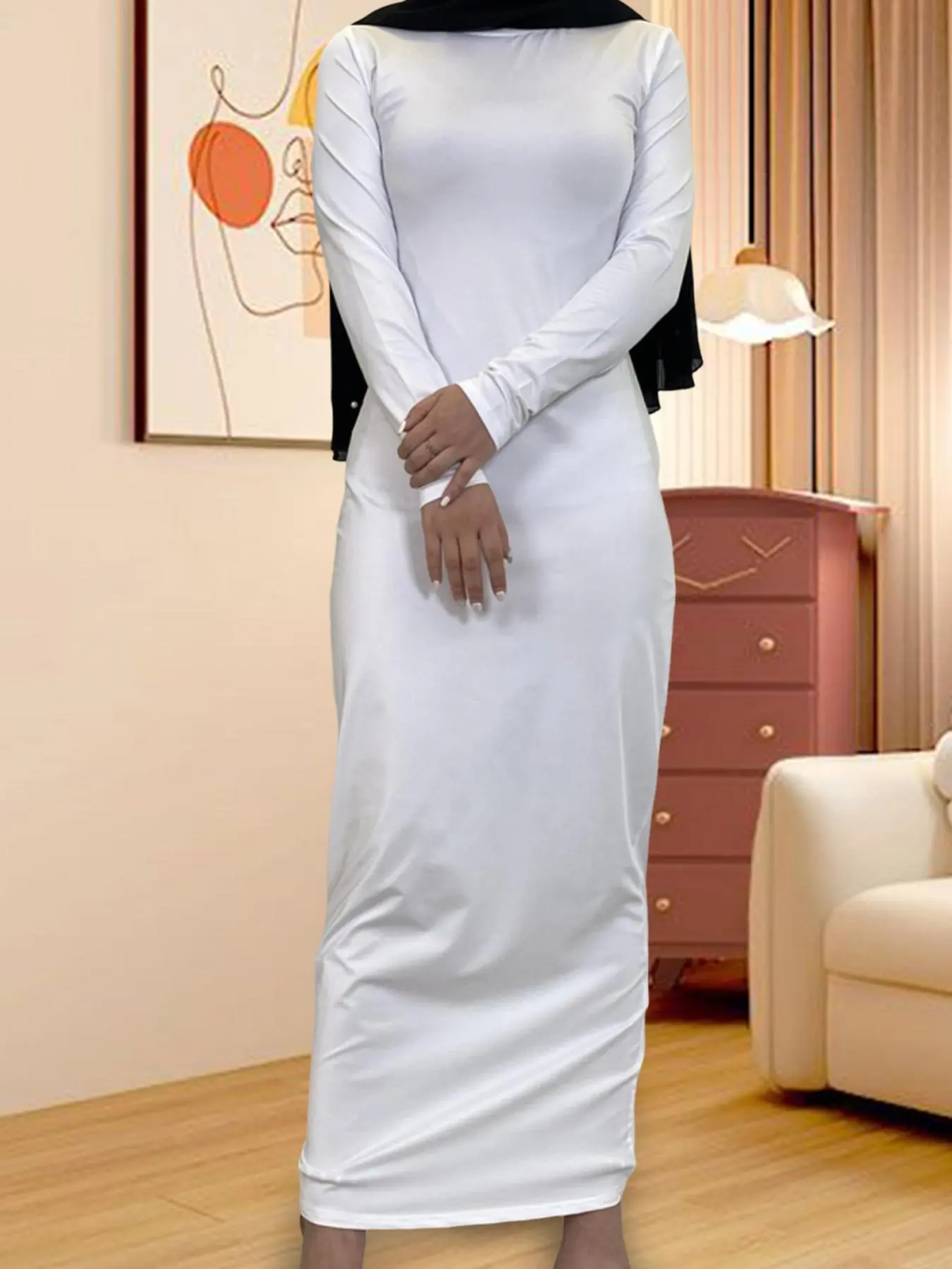 Women's Solid Color Round Neck Nightdress, Modest Fashion Long Sleeve Nightgown for Daily Wear, Muslim Clothing for All Seasons