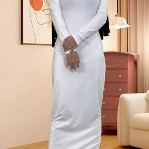 Women's Solid Color Round Neck Nightdress, Modest Fashion Long Sleeve Nightgown for Daily Wear, Muslim Clothing for All Seasons