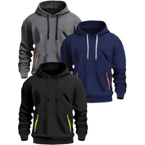 Men's Fleece-Lined Hooded Sweatshirts - 220g Heavyweight Casual Pullover, Adjustable Drawstring Hood Pocket, with Kangaroo Pocket and Ribbed Cuffs, Machine Washable Autumn Winter Style (Charcoal Brown, Taupe, Black) |   C