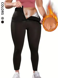 Plus Size High Waist Hook & Eye Sports Leggings, Sport Tummy Control Skinny Pants, Ladies Sportswear Clothing for Gym Workout Running, Elastic Waist Leggings, Fitness Tights