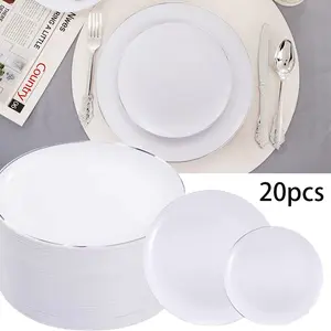 20-Piece Round Dinner Plates with Silver Color Edges, Premium Plastic Cutlery Set, Reusable & Washable, Dinnerware, Party Plates, Perfect for Parties