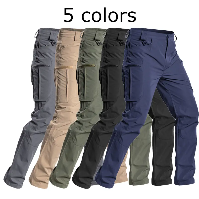 Men’s 5-pack long tactical cargo pants – menswear, practical/military style, relaxed fit, mid-rise design with elastic waistband and buttons, multiple zippered pockets, breathable polyester fiber, color-blocked/solid colors, suitable for all seasons, zipp