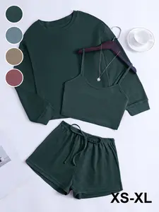 Women's Casual Waffle Knit Set, Summer & Spring Loose Fit, Plain Fitted Top + Long Sleeve Round Neck Shirt + Drawstring Shorts, Fitted Outfit Sets