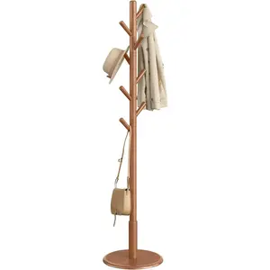 VASAGLE Solid Wood Coat Rack, Free Standing Hall Coat Tree with 8 Hooks, 3 Height Options, for Coats, Hats, Bags, Purses, for Entryway, Hallway, Rubberwood Hooks and Pole, Caramel Brown URCR009W01
